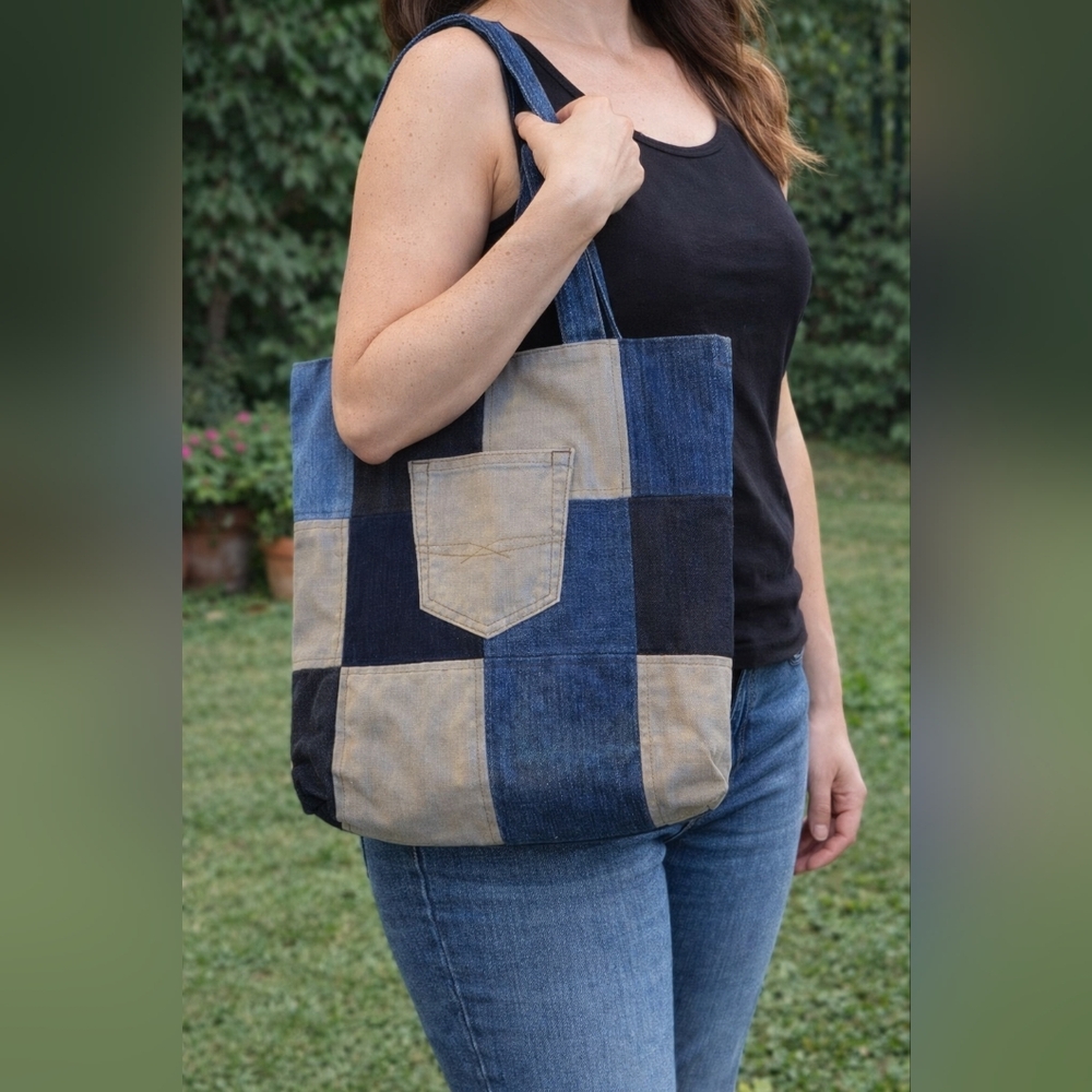 Denim patchwork tote bag